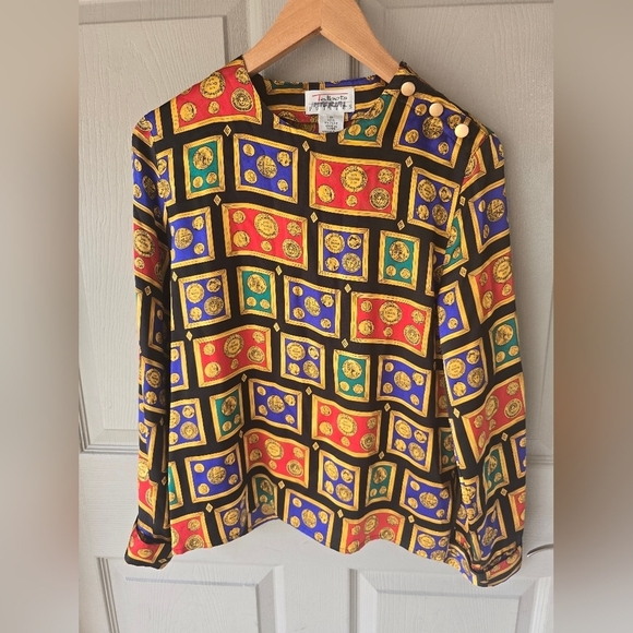 Talbots Vintage 100% Silk Blouse Sz 6 Roman Coins Francs Gold Buttons Boho Artsy - Picture 10 of 12